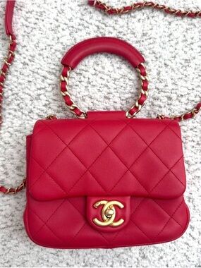 CHANEL Red Quilted Leather Top-Handle Crossbody Bag